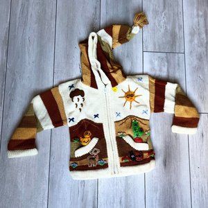 Beautiful handmade sweater jacket made in Peru with zipper and hoodie SIZE 4